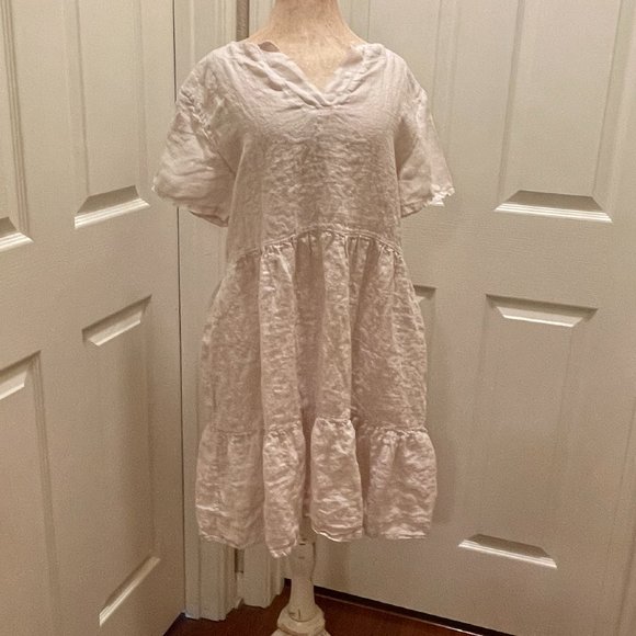 New Francesca Bettini 100% Linen Midi Dress Size S Oat Tiered Design Feminine - Picture 1 of 14